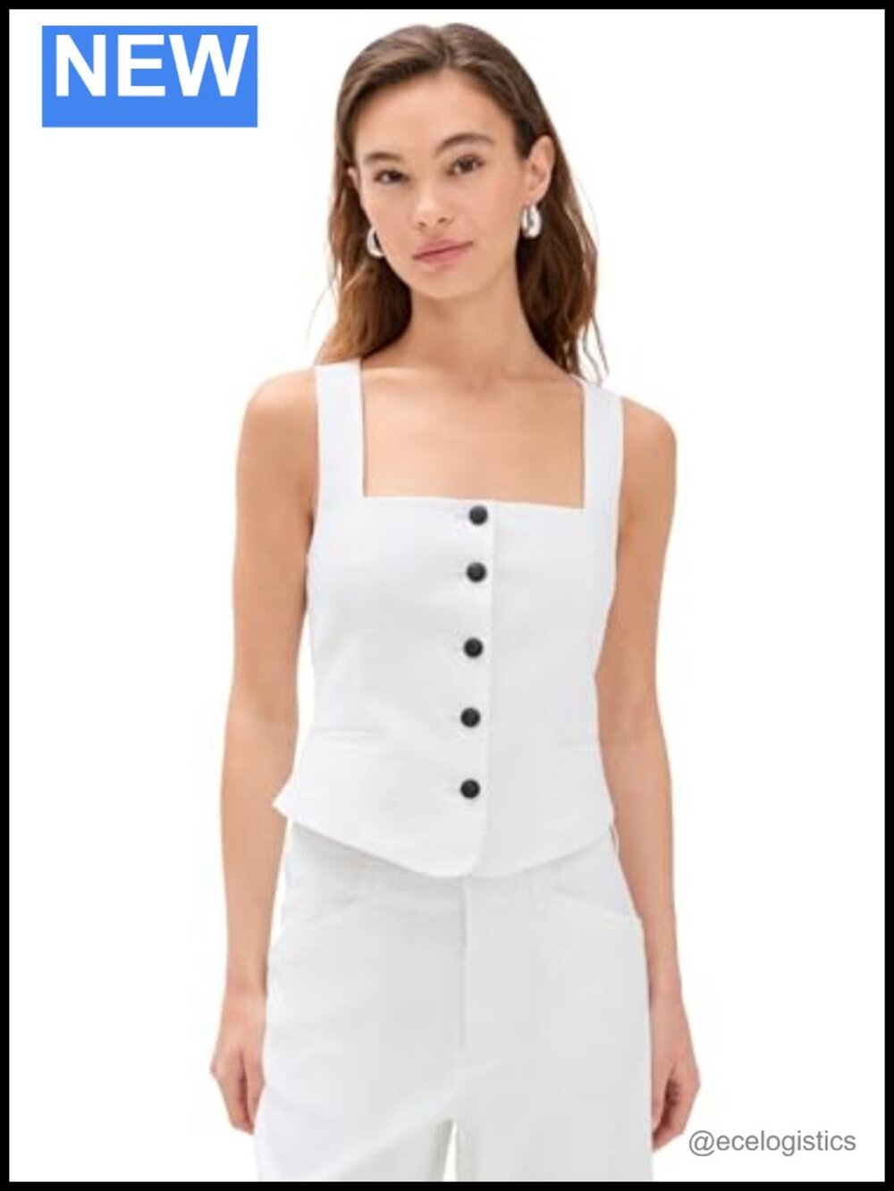 Linen Blend Sleeveless Vest with Pockets Square Neck